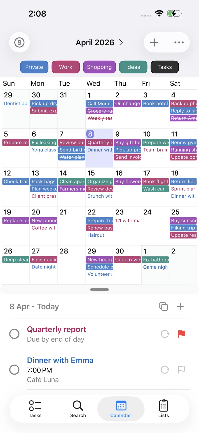 Monthly calendar view with colored task indicators per day