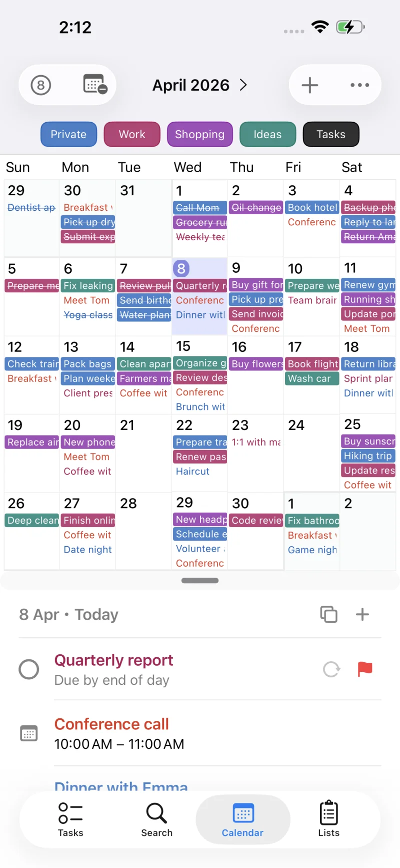Monthly calendar showing both tasks and device calendar events side by side