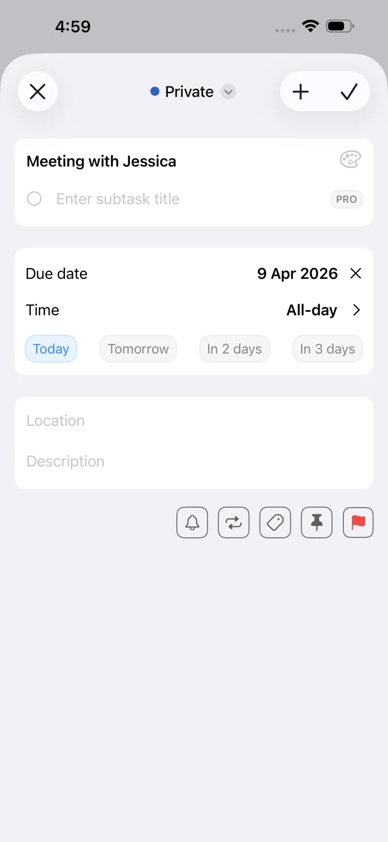 Task creation screen with date picker, reminder time, and priority selector